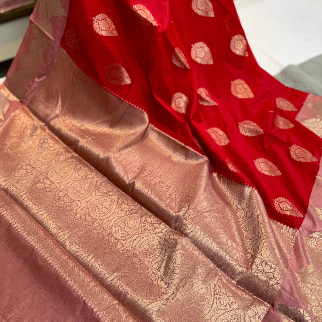 Red Peach Banarasi Silk Saree