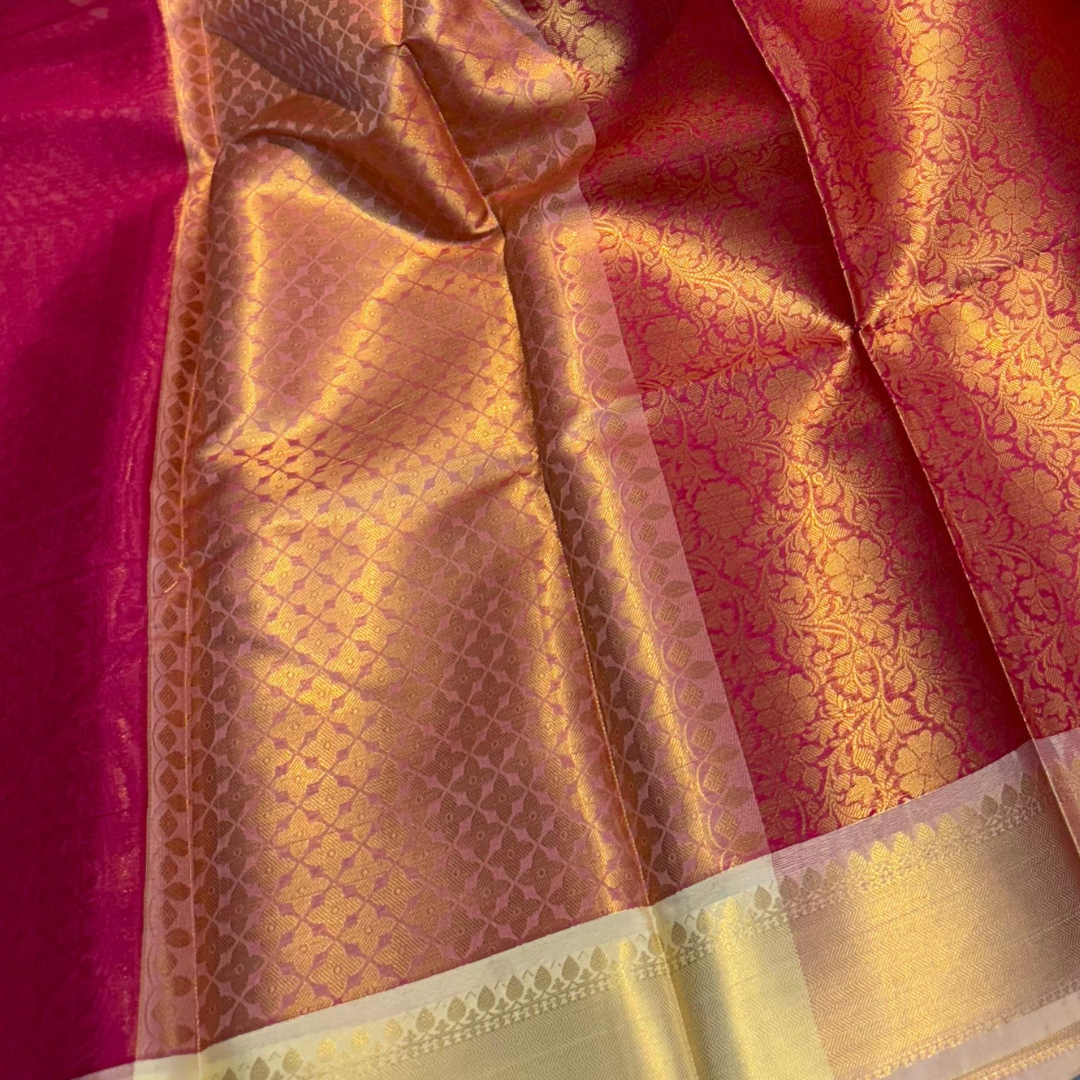 Blush Peach Red Banarasi Katan Silk Saree