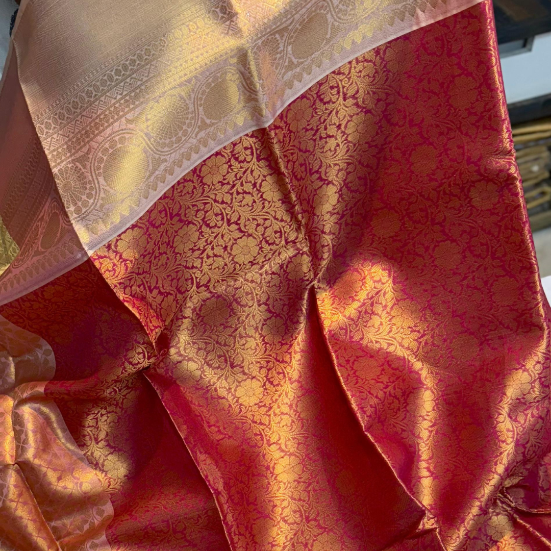 Blush Peach Red Banarasi Katan Silk Saree