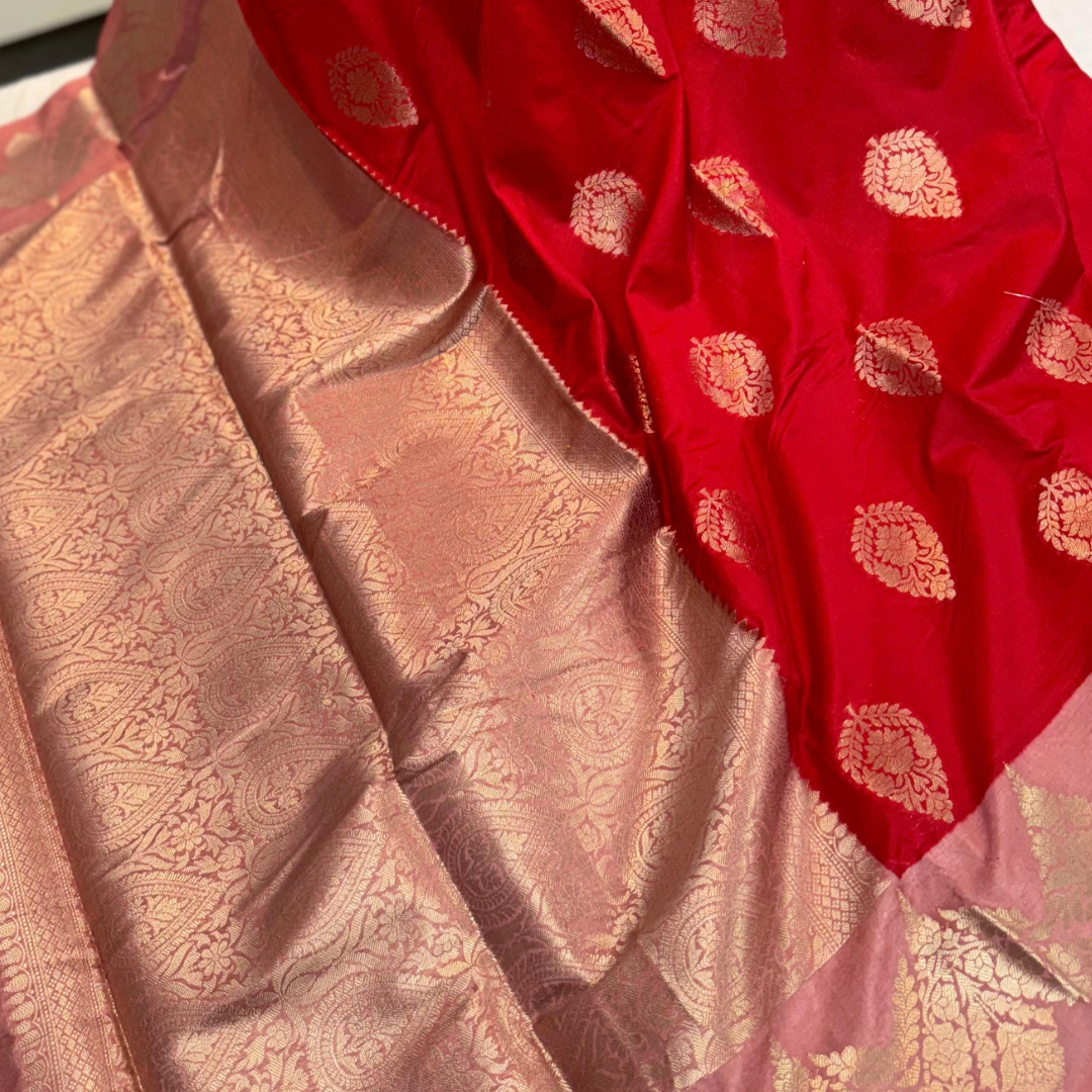 Red Peach Banarasi Silk Saree