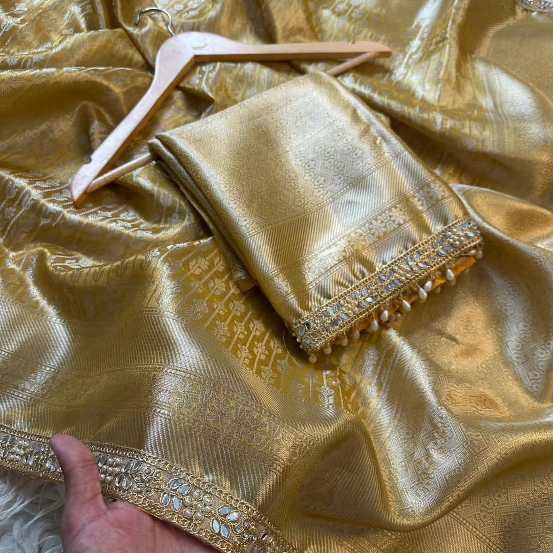 Muted Yellow Banarasi Tissue Katan Silk Saree