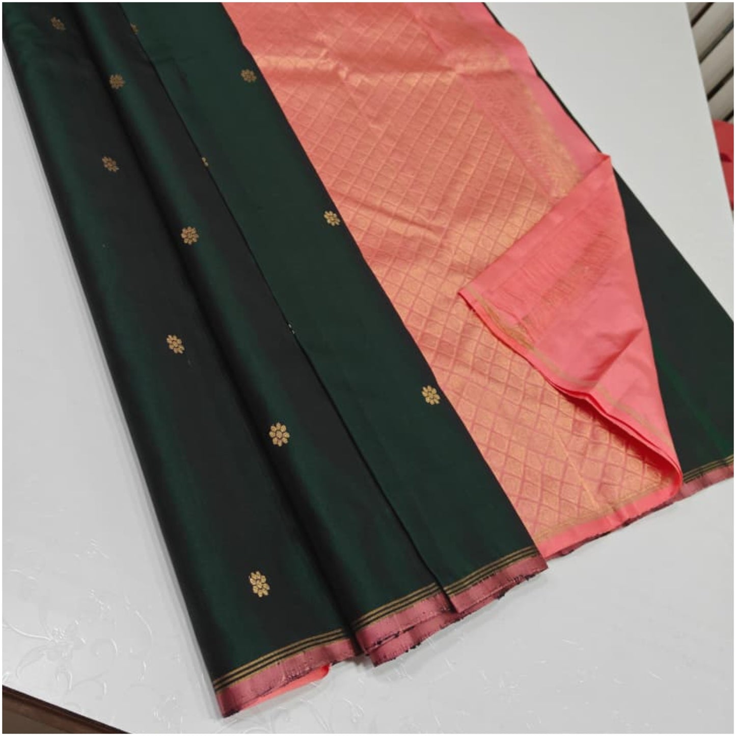 Ganga Green Blush Pink Pure Handloom Double Warp Soft Silk Saree