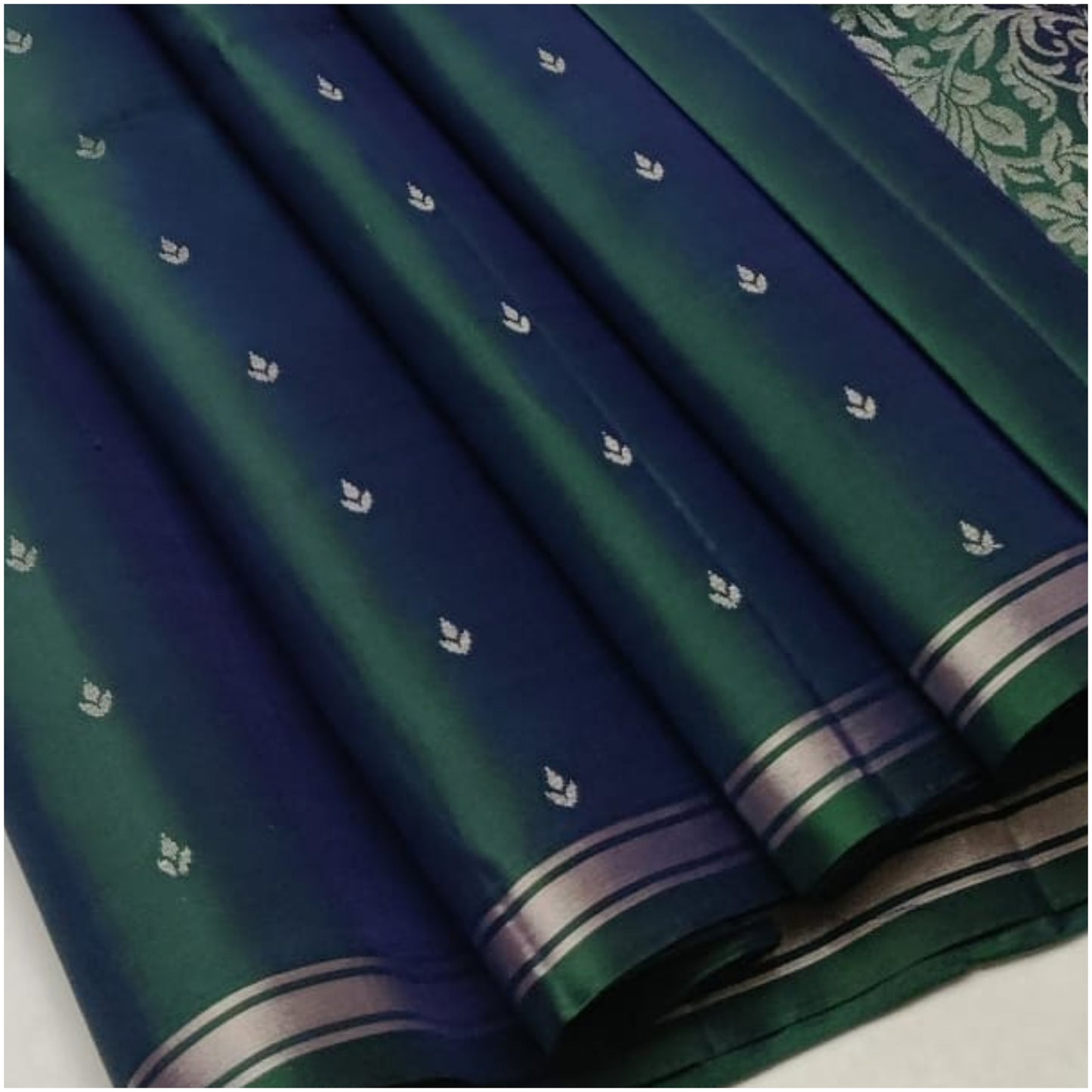 Sea Green Blue Pure Handloom Double Warp Soft Silk Saree