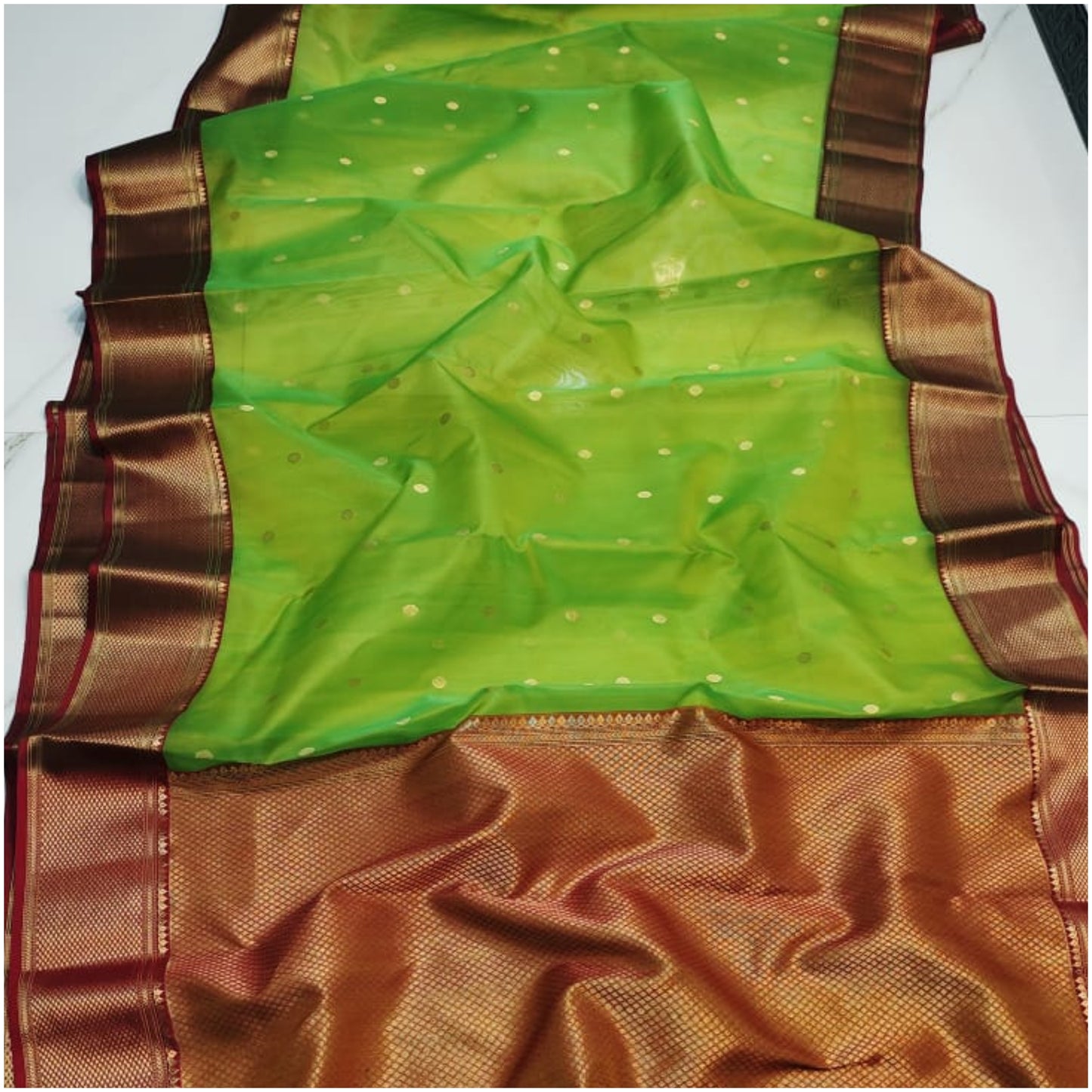 Green Red Butti Pure Handloom Katan Chanderi Silk Saree