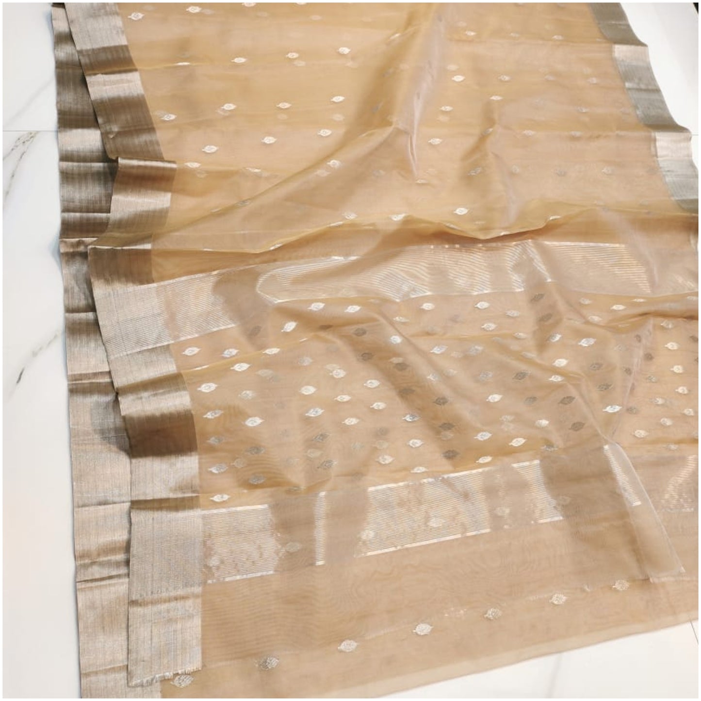 Beige Butti Pure Handloom Katan Chanderi Silk Saree