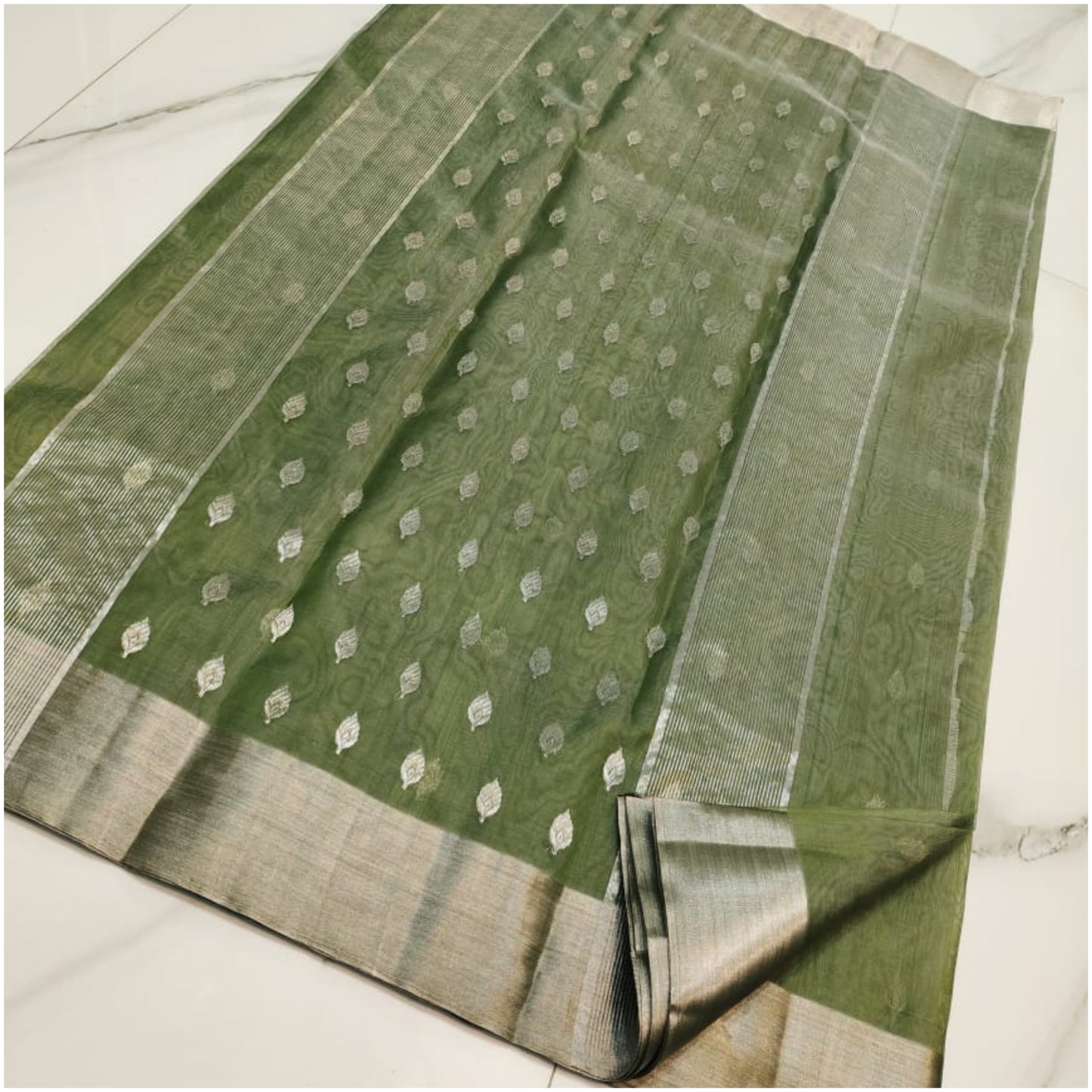 Emerald Green Butti Pure Handloom Katan Chanderi Silk Saree