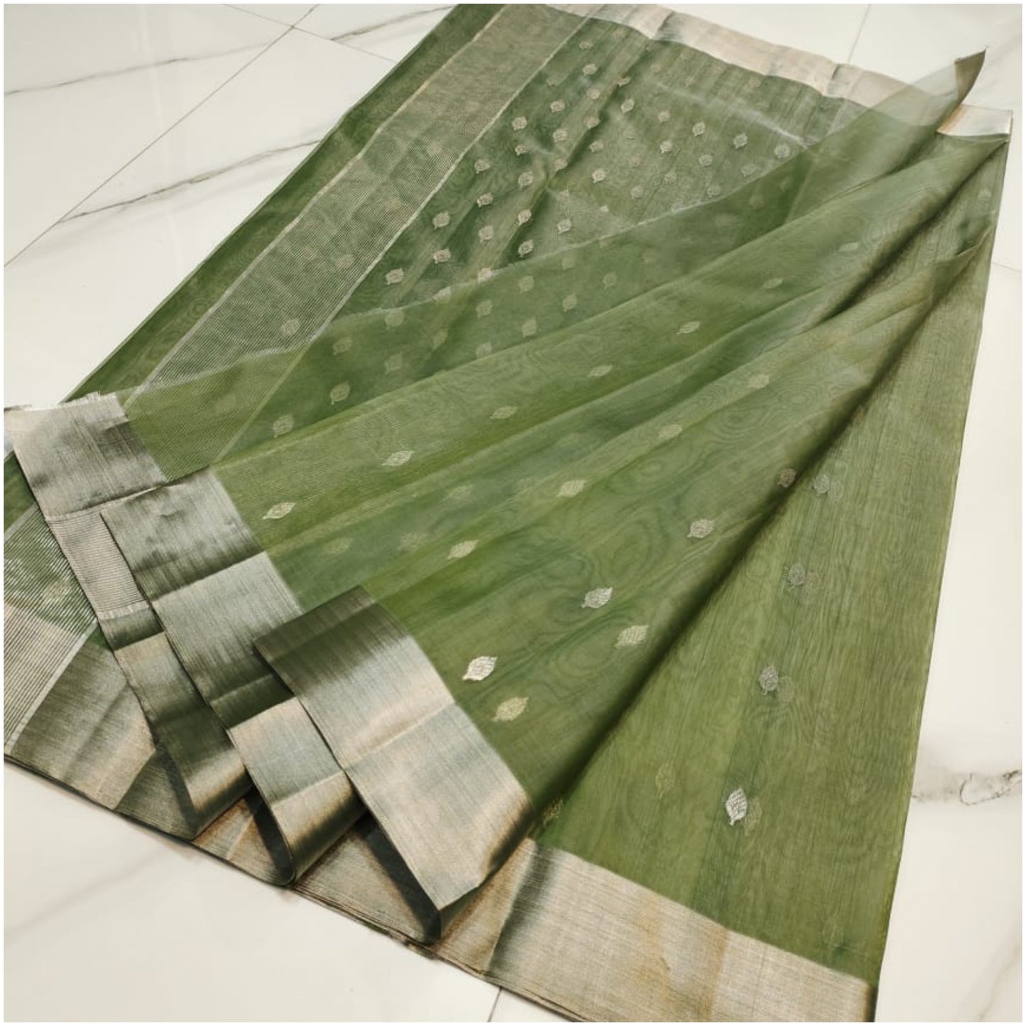 Emerald Green Butti Pure Handloom Katan Chanderi Silk Saree