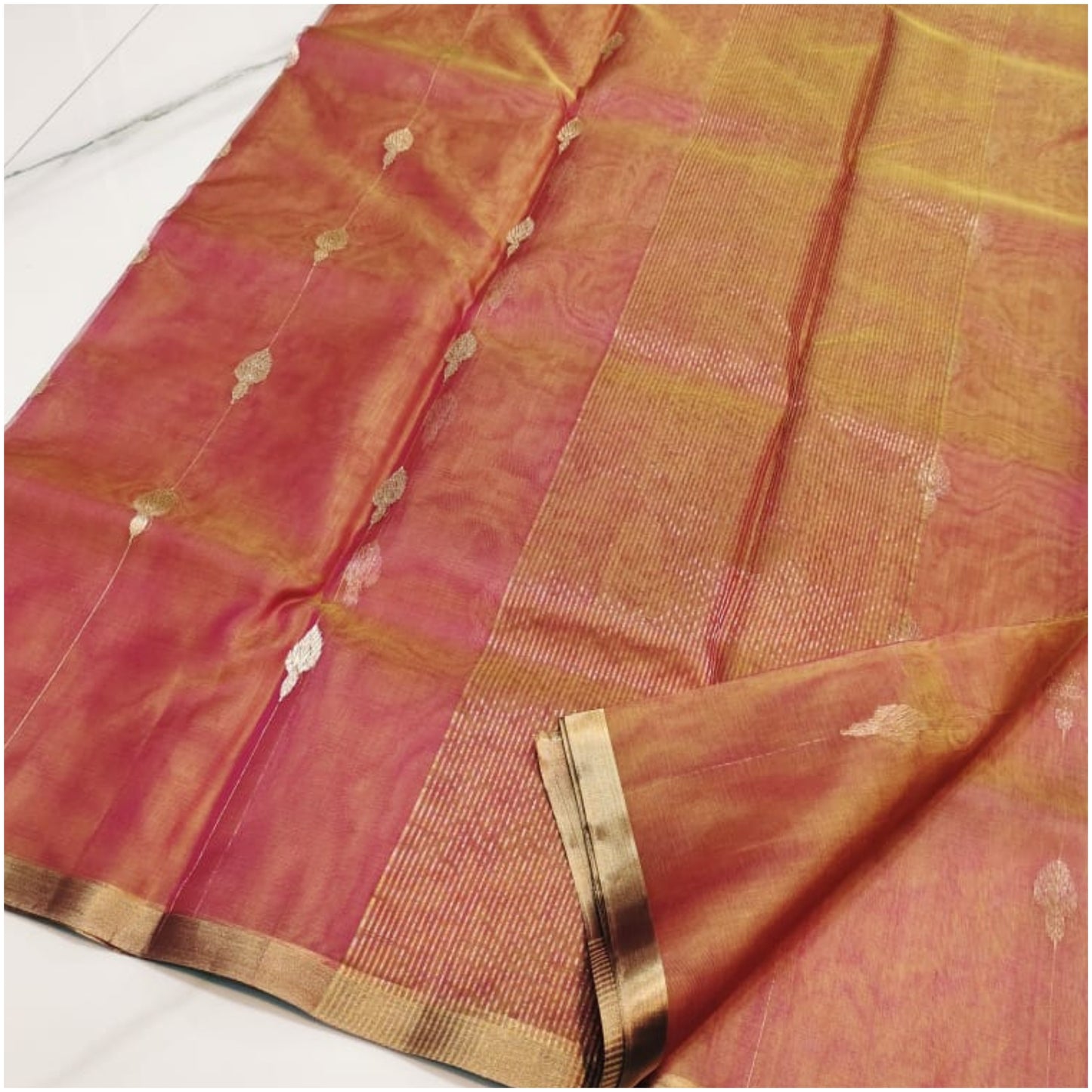 Pink Gold Butti Pure Handloom Katan Chanderi Silk Saree