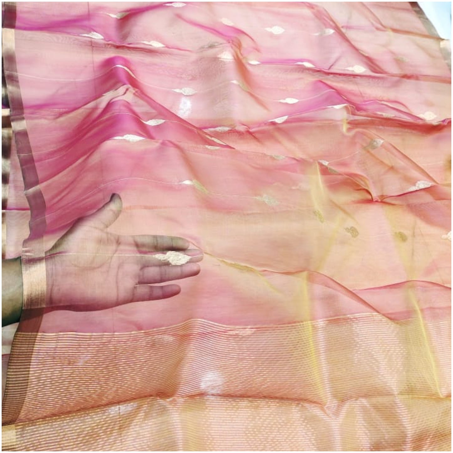 Pink Gold Butti Pure Handloom Katan Chanderi Silk Saree
