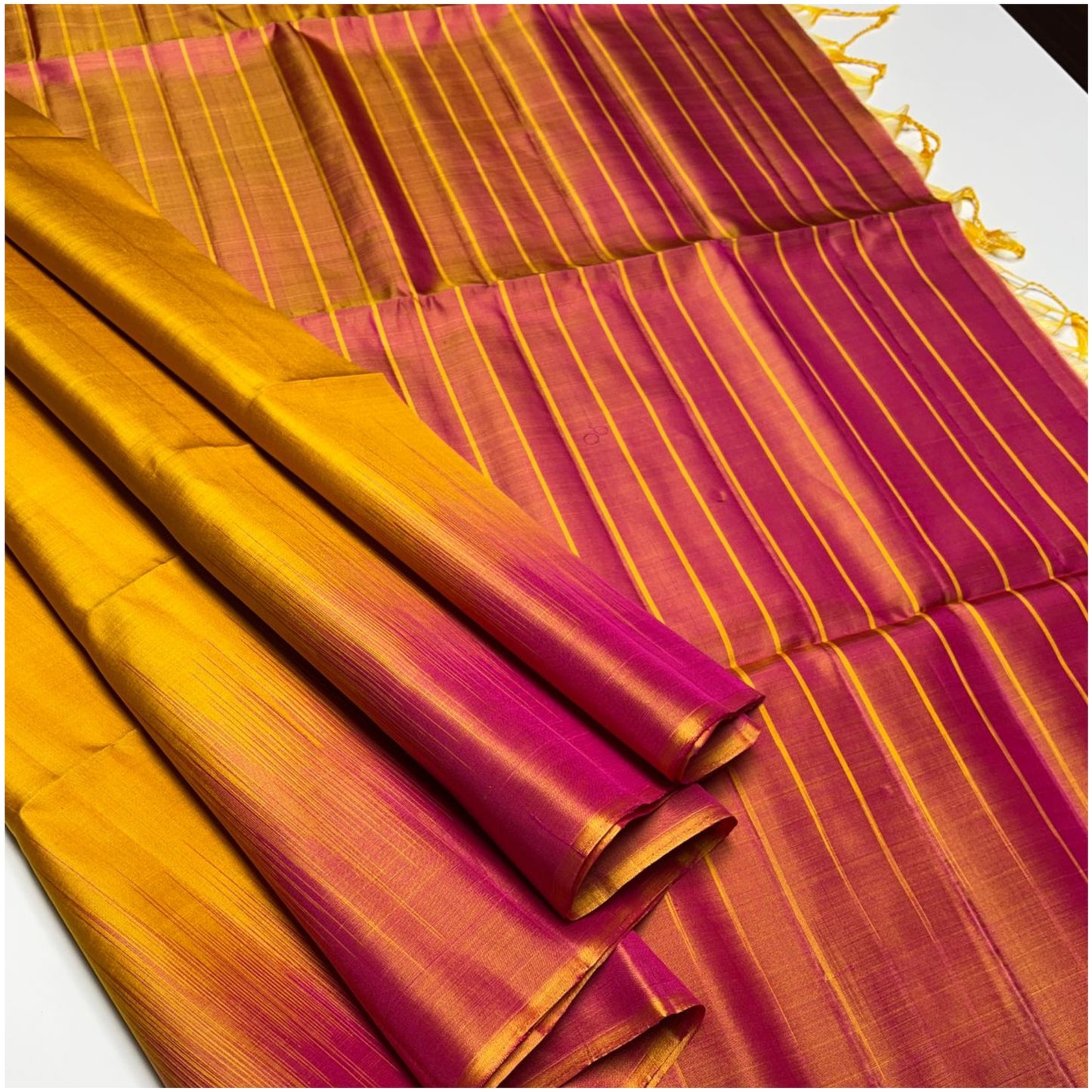 Yellow Pink Pure Handloom Dye Contrast Soft Silk Saree