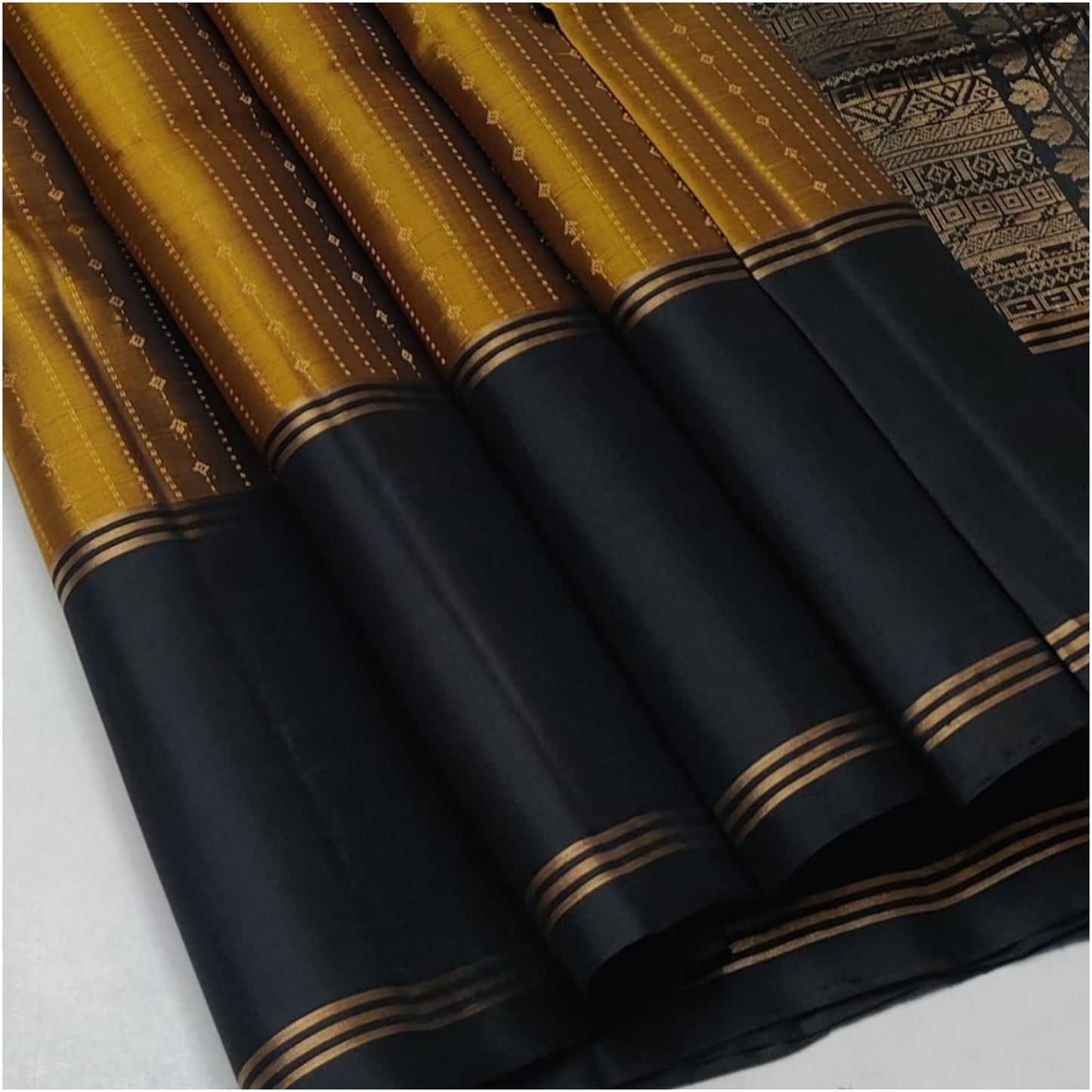 Mustard Black Pure Handloom Double Warp Soft Silk Saree