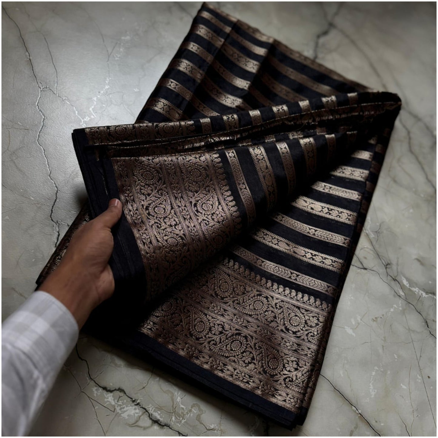 Black Gold Striped Banarasi Warm Silk
