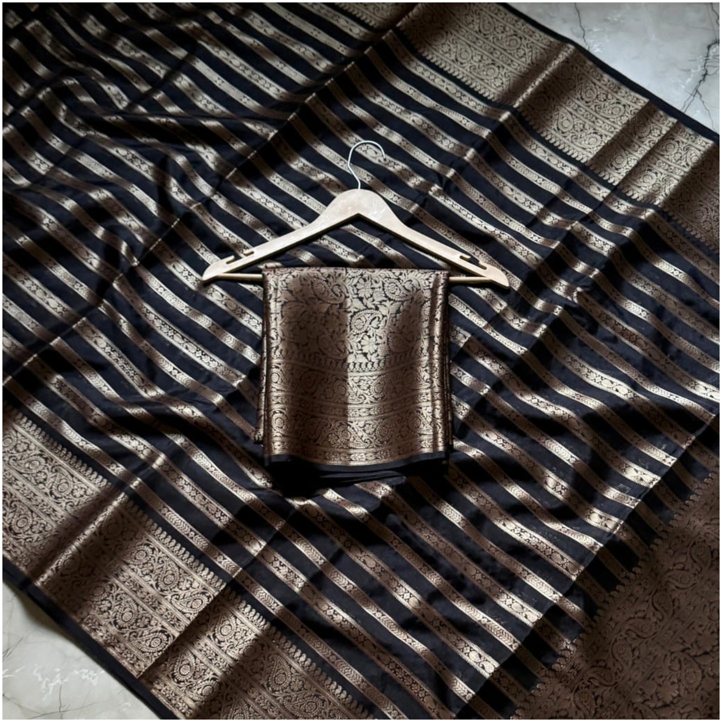 Black Gold Striped Banarasi Warm Silk