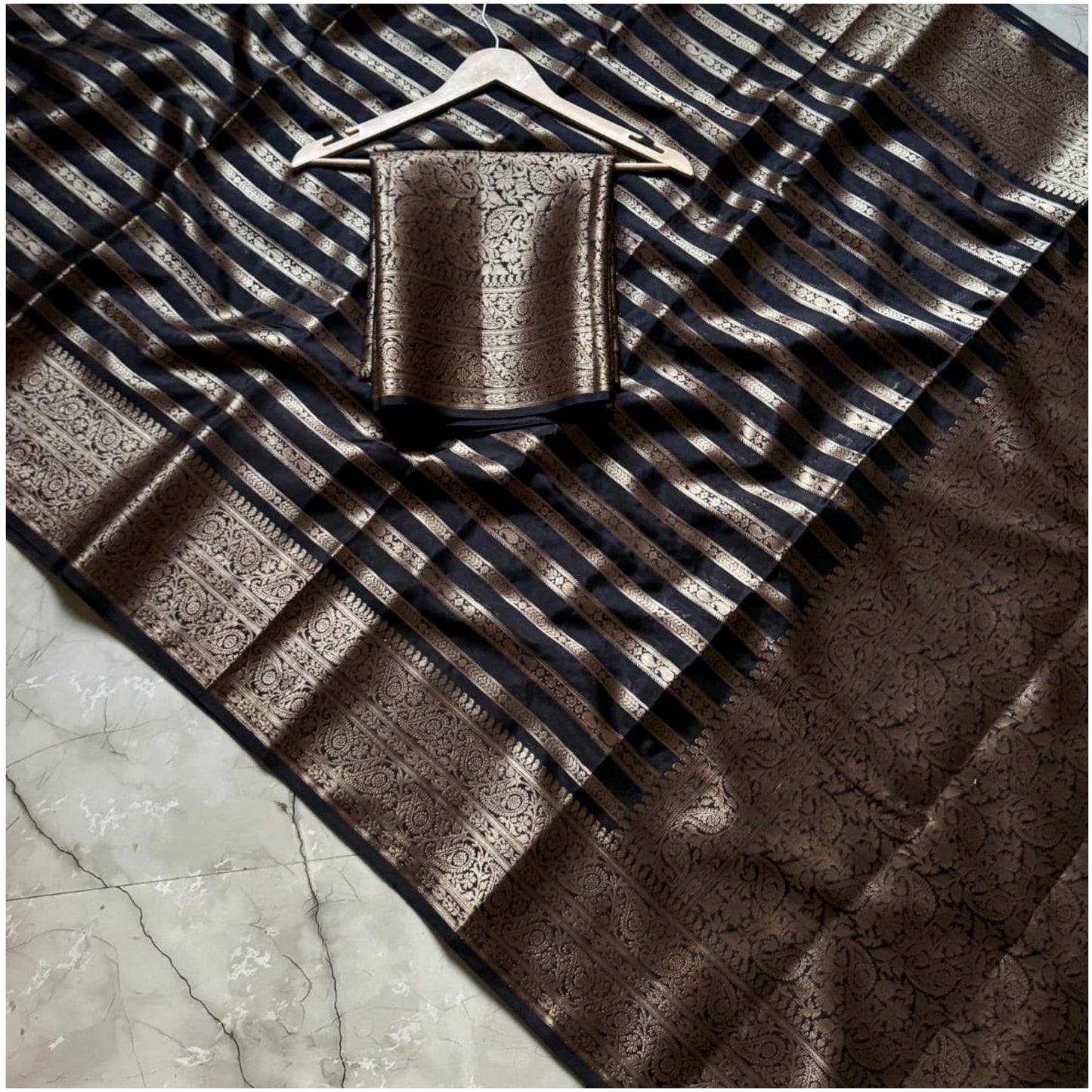 Black Gold Striped Banarasi Warm Silk