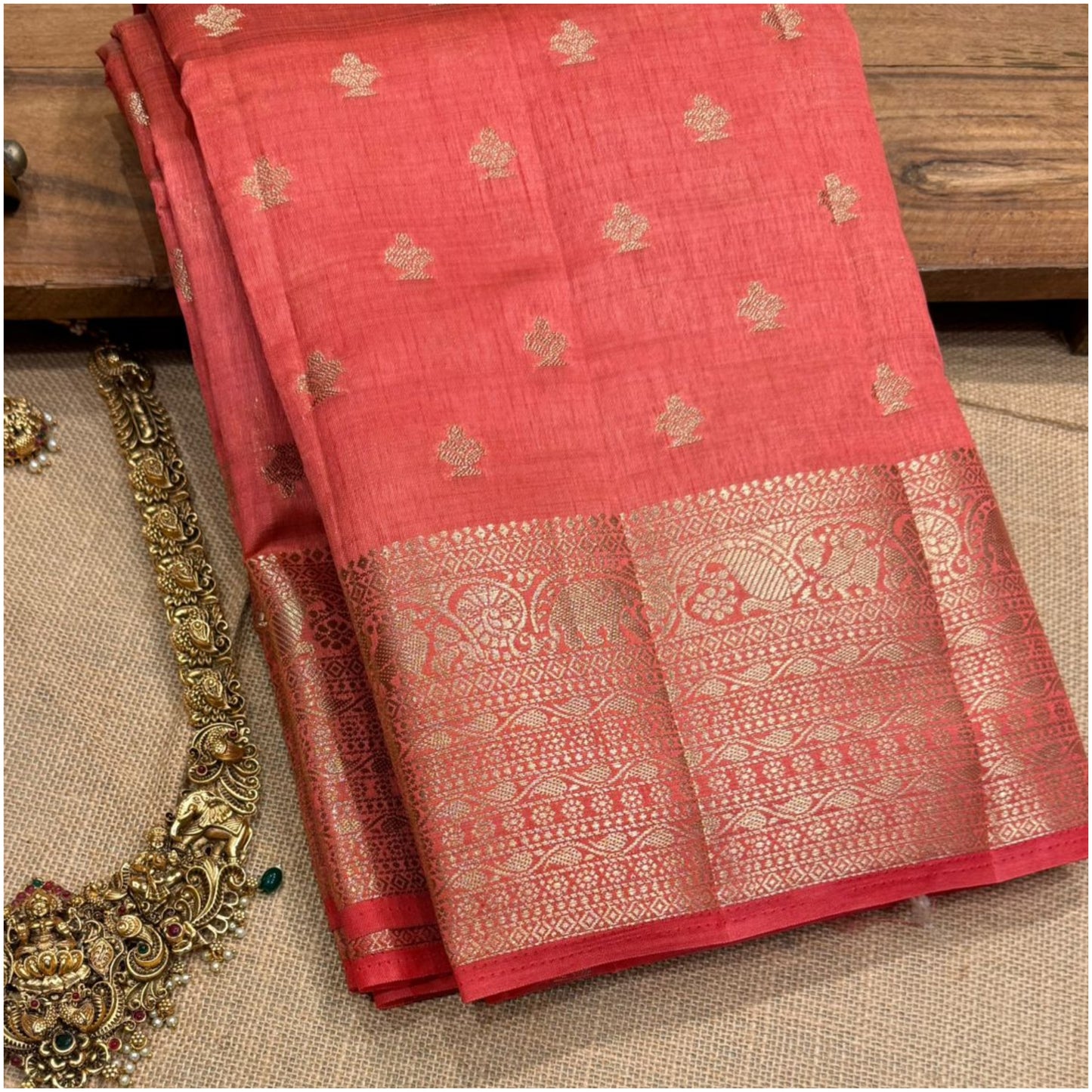 Peach Pink Raw Mix Tussar Saree