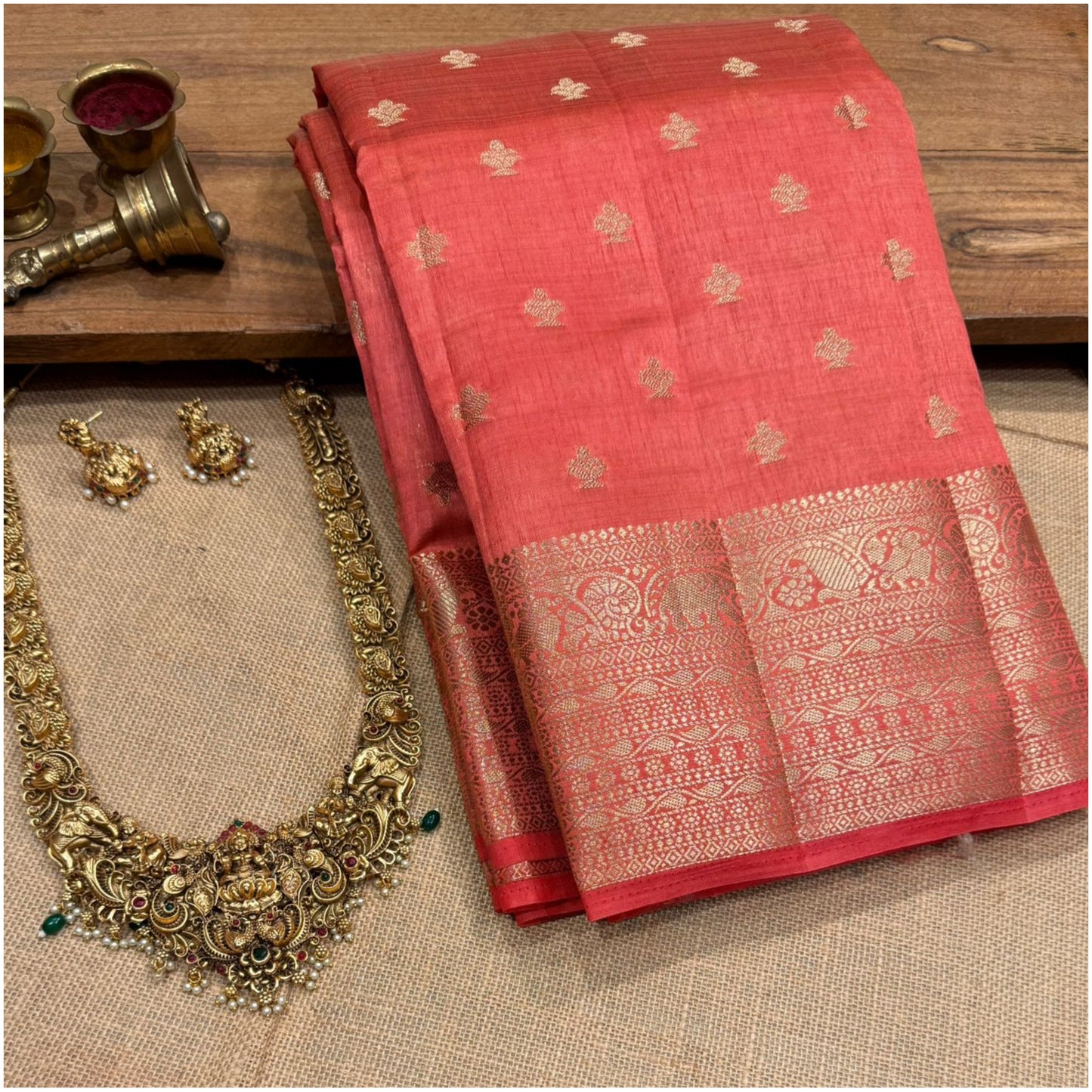 Peach Pink Raw Mix Tussar Saree
