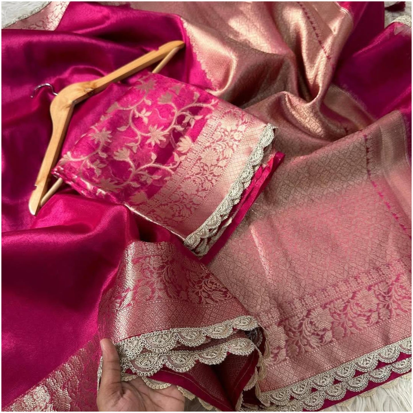 Rani Pink Banarasi Tissue Katan Silk Saree