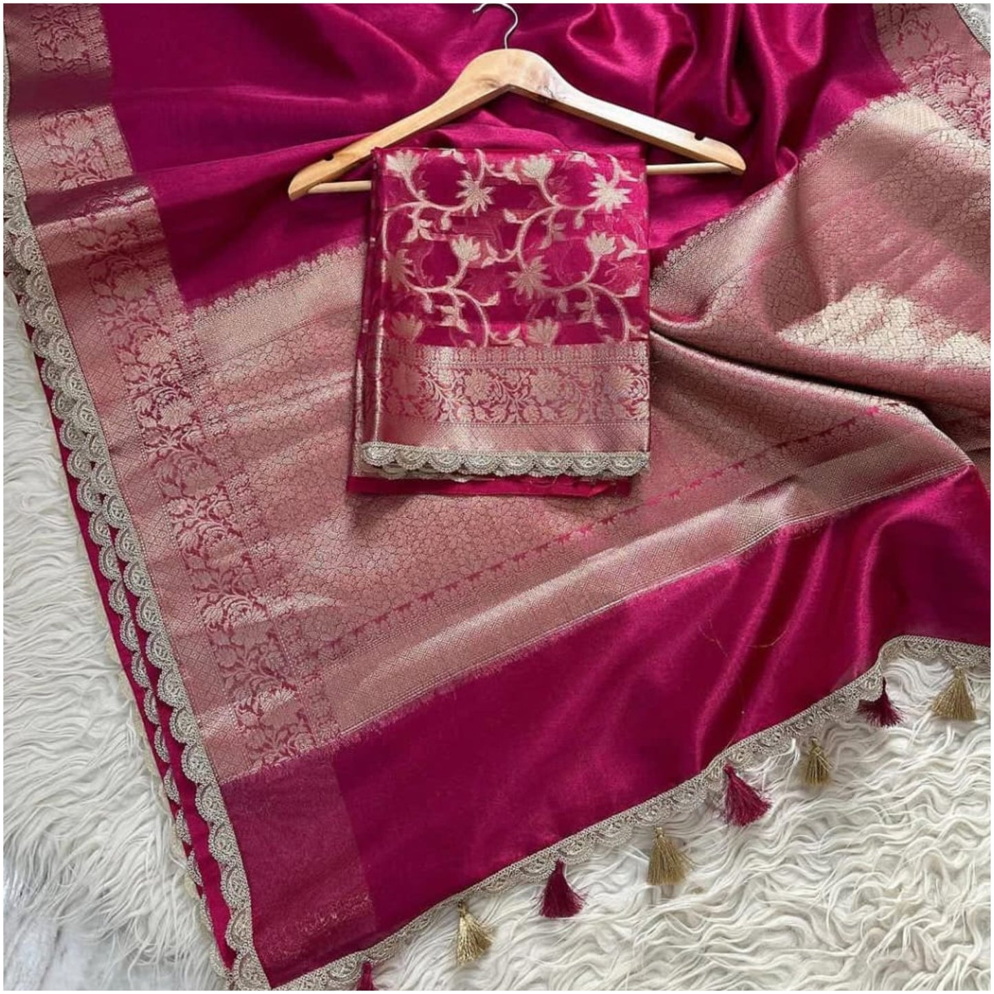 Rani Pink Banarasi Tissue Katan Silk Saree