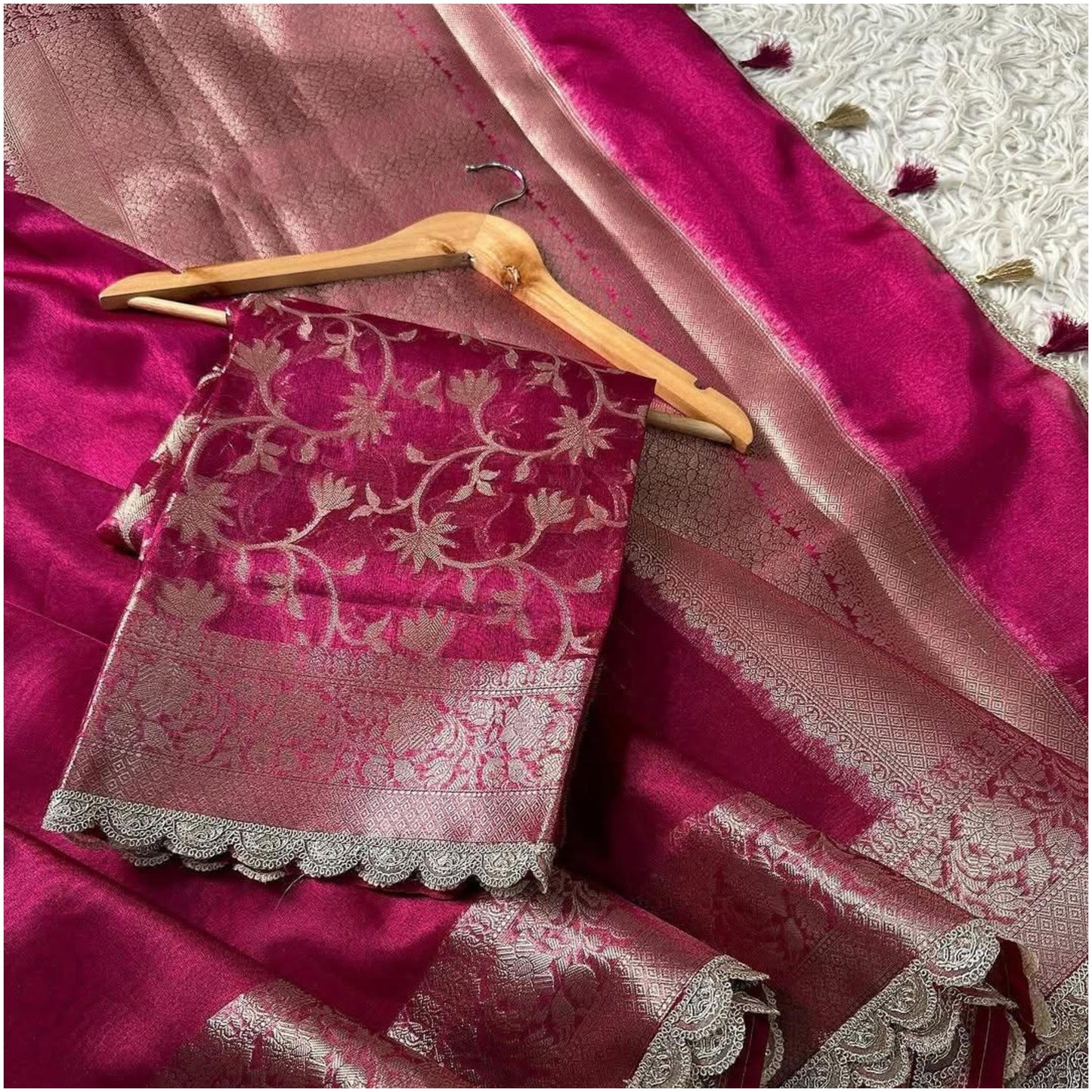 Rani Pink Banarasi Tissue Katan Silk Saree