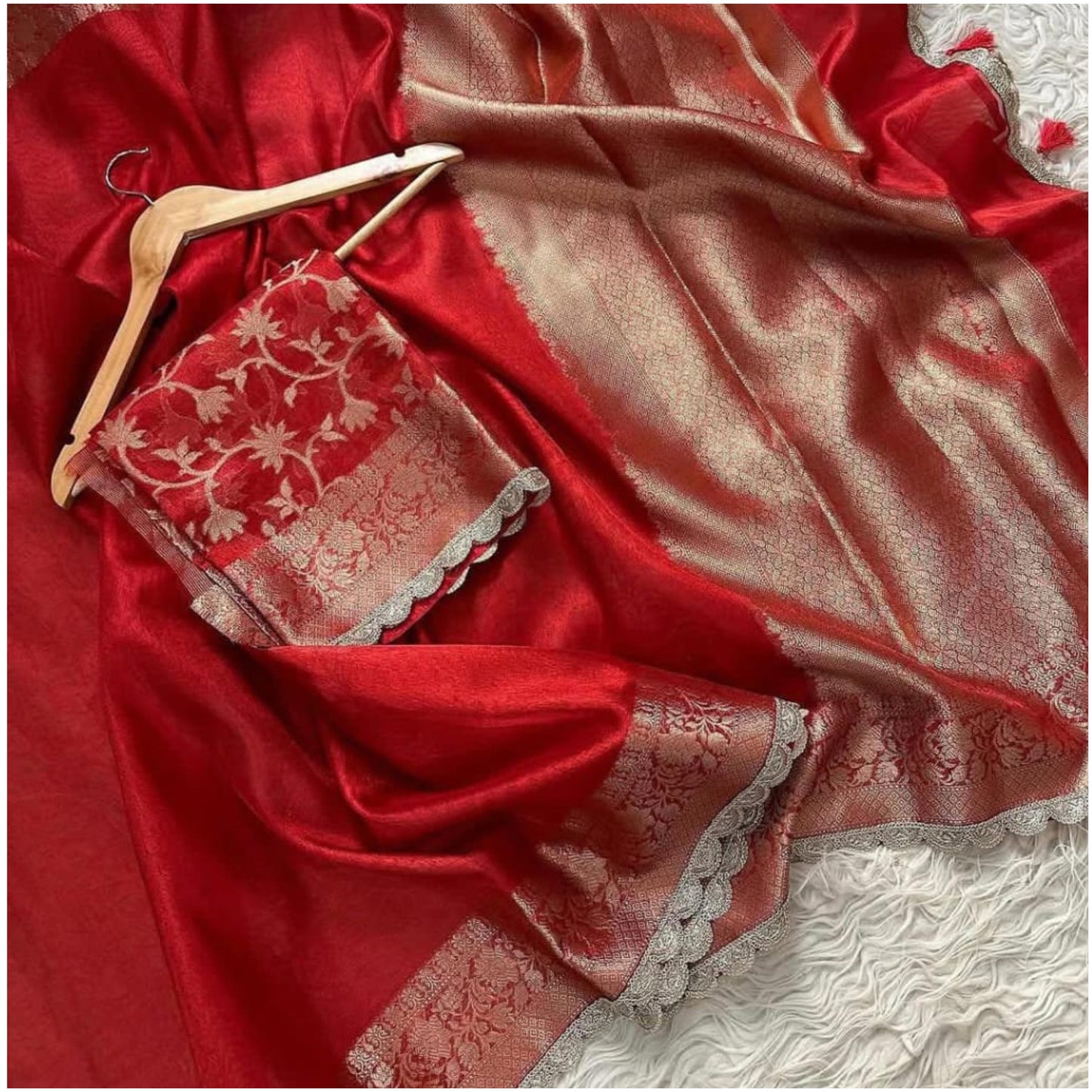 Bright Red Banarasi Tissue Katan Silk Saree