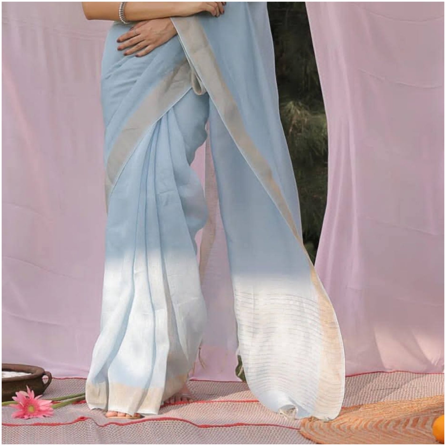 Pastel Blue Pure Handloom Linen Silk Saree