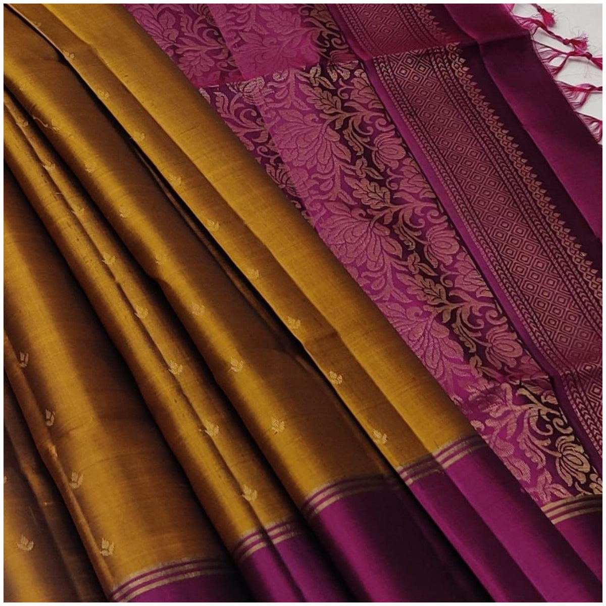 Damodar Mustard Magenta Pure Handloom Soft Silk Saree