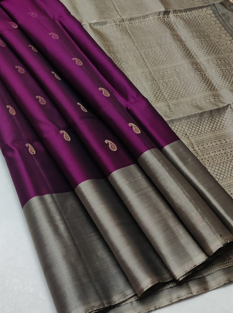 Violet Silver Handloom Double Warp Soft Silk Saree
