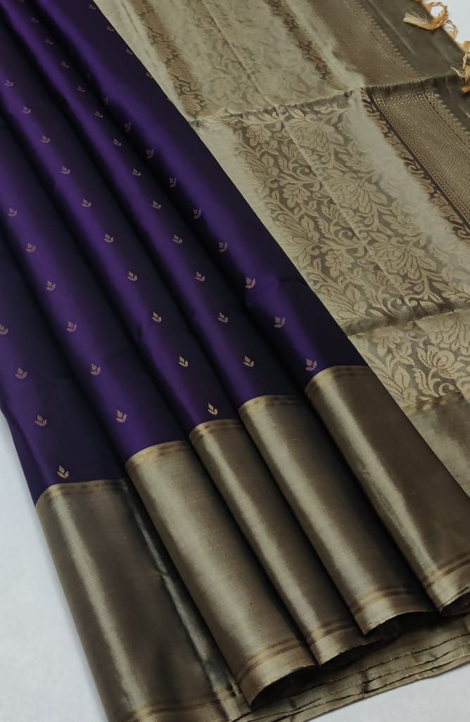 Deep Purple Silver Handloom Double Warp Soft Silk Saree