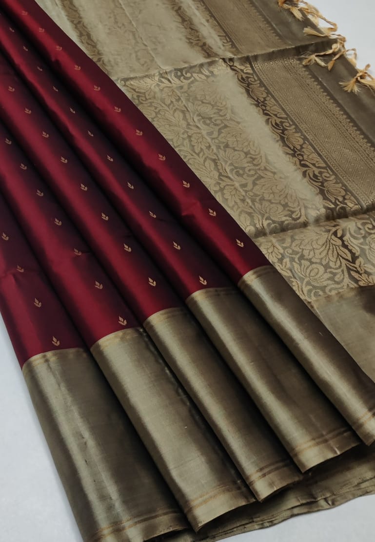 Maroon Silver Pure Handloom Double Warp Soft Silk Saree