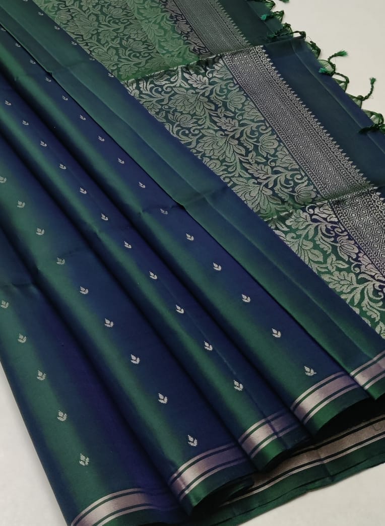 Sea Green Blue Pure Handloom Double Warp Soft Silk Saree