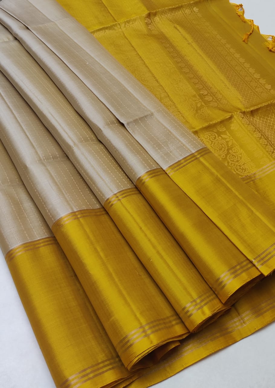 Mustard Silver Pure Handloom Double Warp Soft Silk Saree