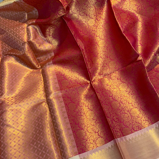 Blush Peach Red Banarasi Katan Silk Saree