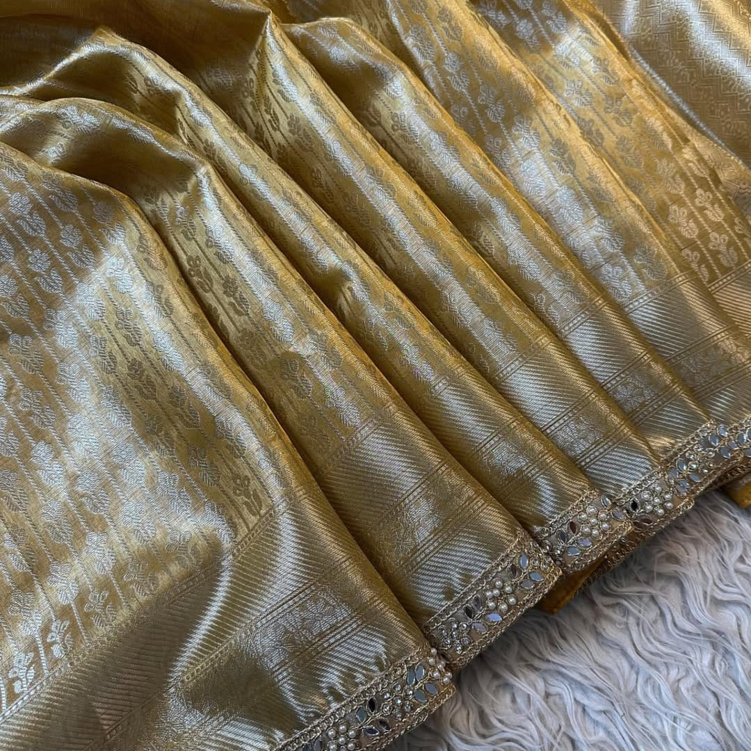Muted Yellow Banarasi Tissue Katan Silk Saree