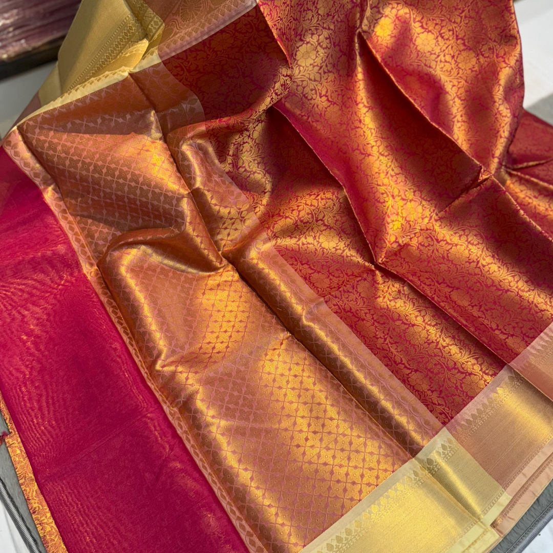 Blush Peach Red Banarasi Katan Silk Saree