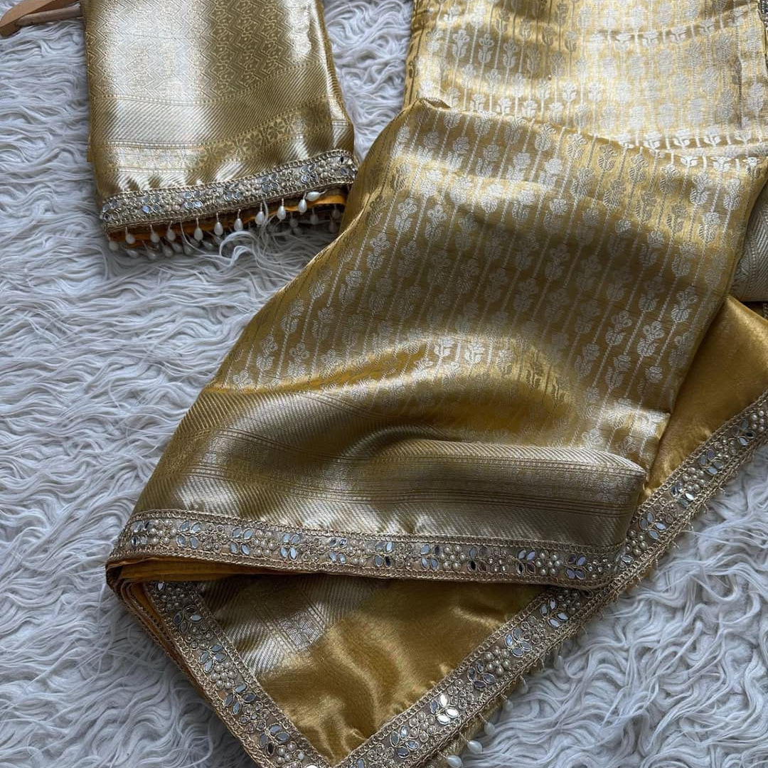 Muted Yellow Banarasi Tissue Katan Silk Saree