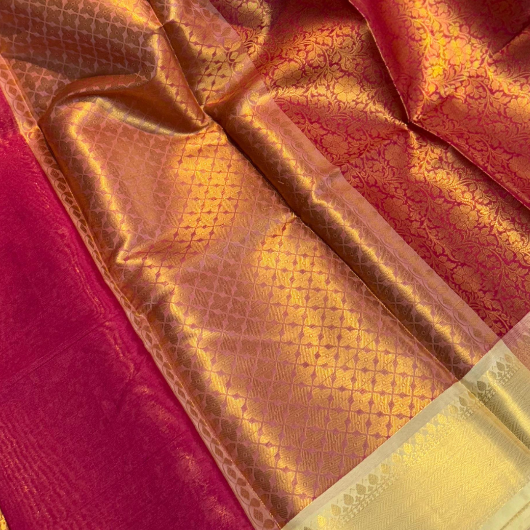 Blush Peach Red Banarasi Katan Silk Saree