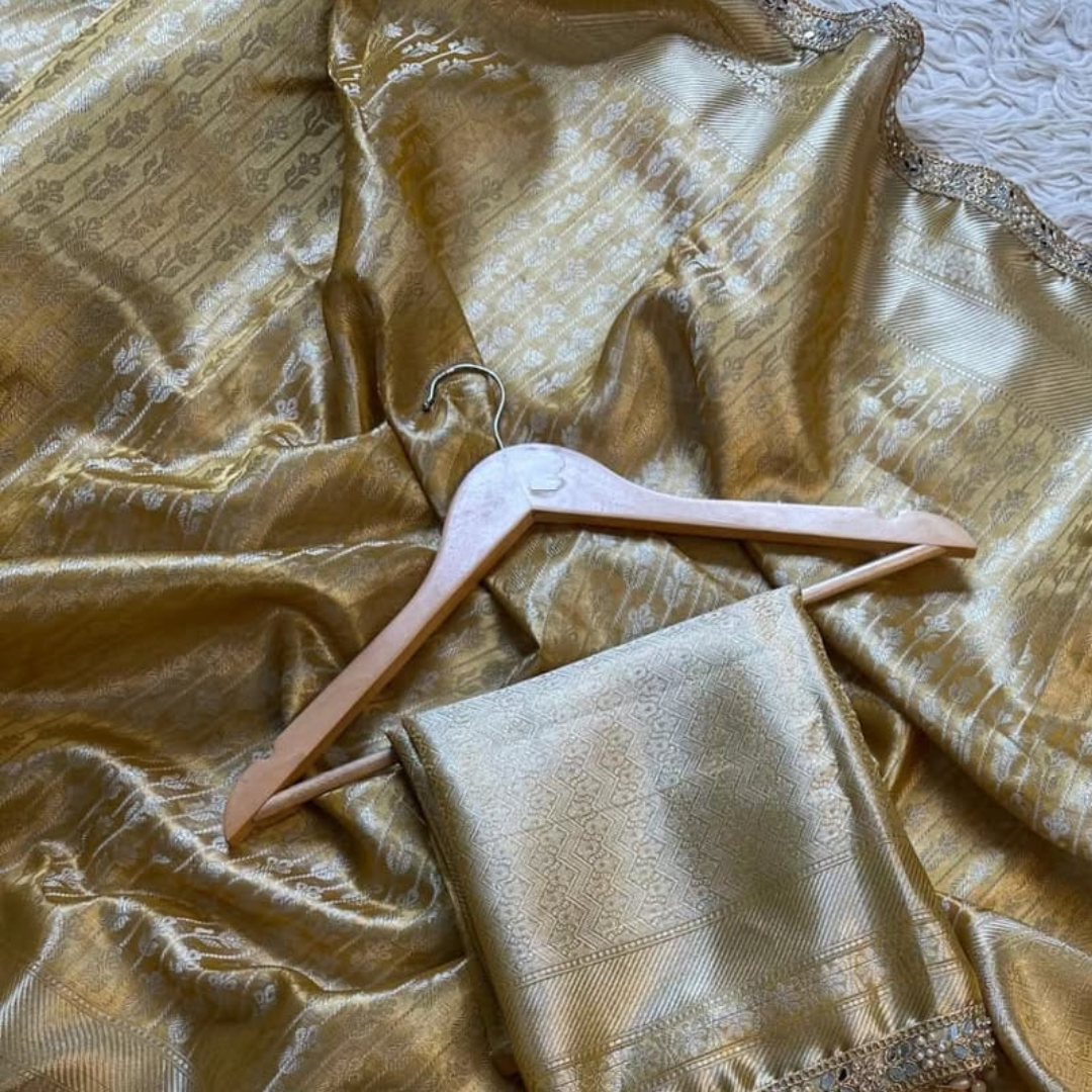 Muted Yellow Banarasi Tissue Katan Silk Saree