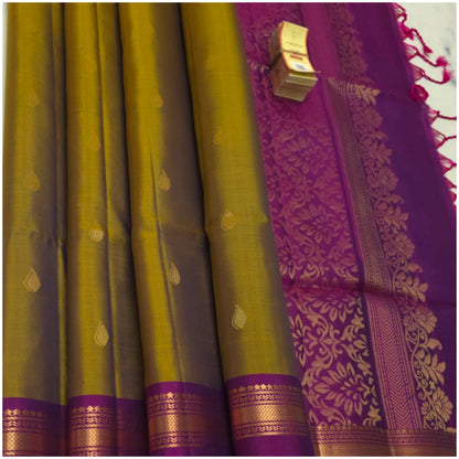 Nyra Olive Green Magenta Pink Pure Handloom Double Warp Soft Silk Saree