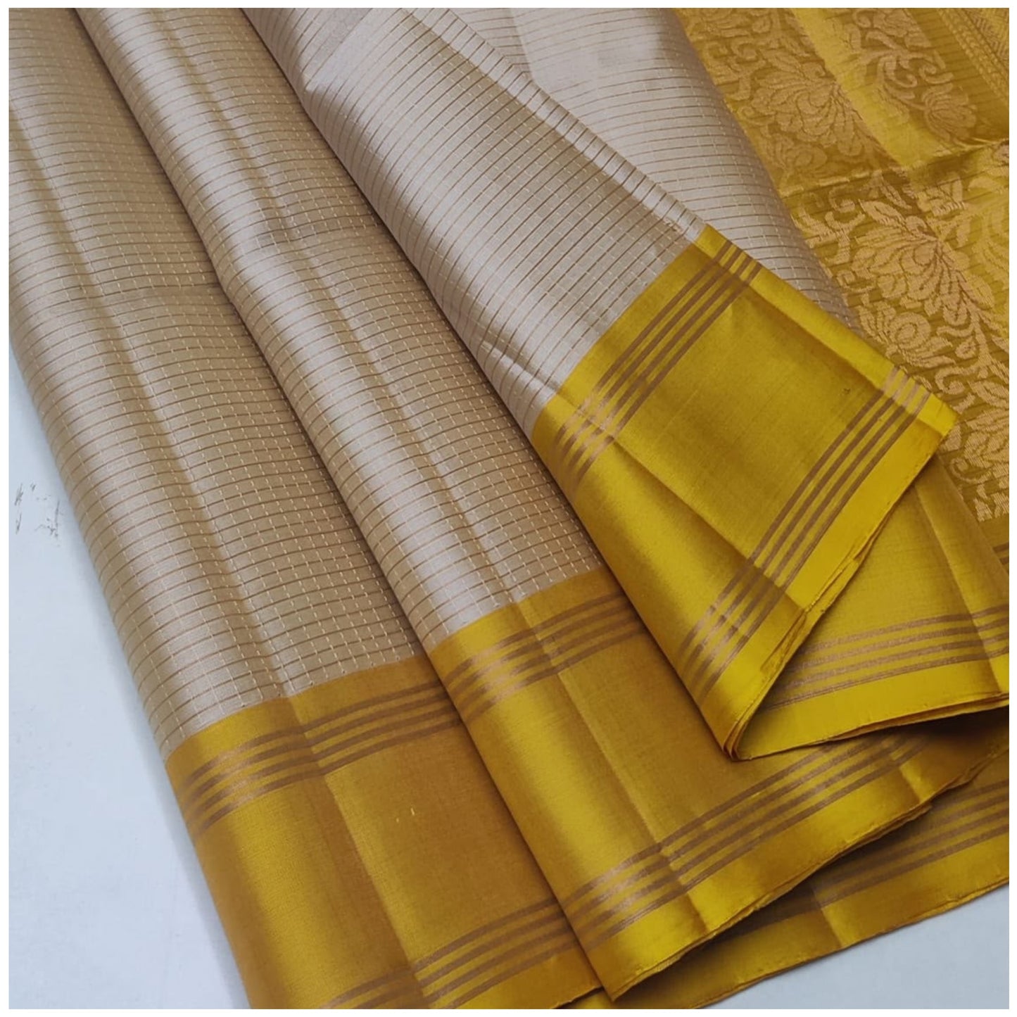 Ahana Beige Sunshine Yellow Pure Handloom Double Warp Soft Silk Saree
