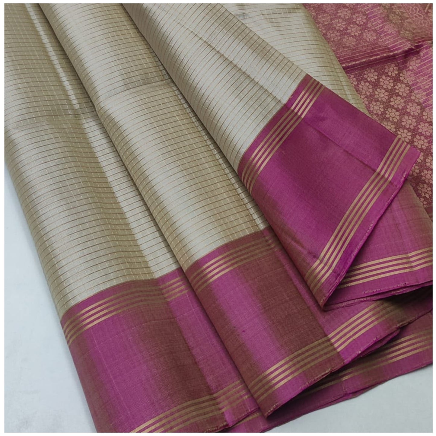 Riyaa Cream Pink Pure Handloom Double Warp Soft Silk Saree