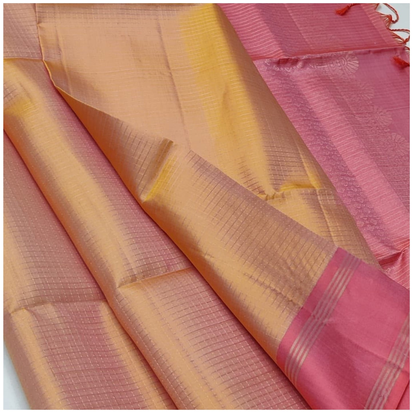 Sumitra Melon Yellow Blush Pink Pure Handloom Double Warp Soft Silk Saree