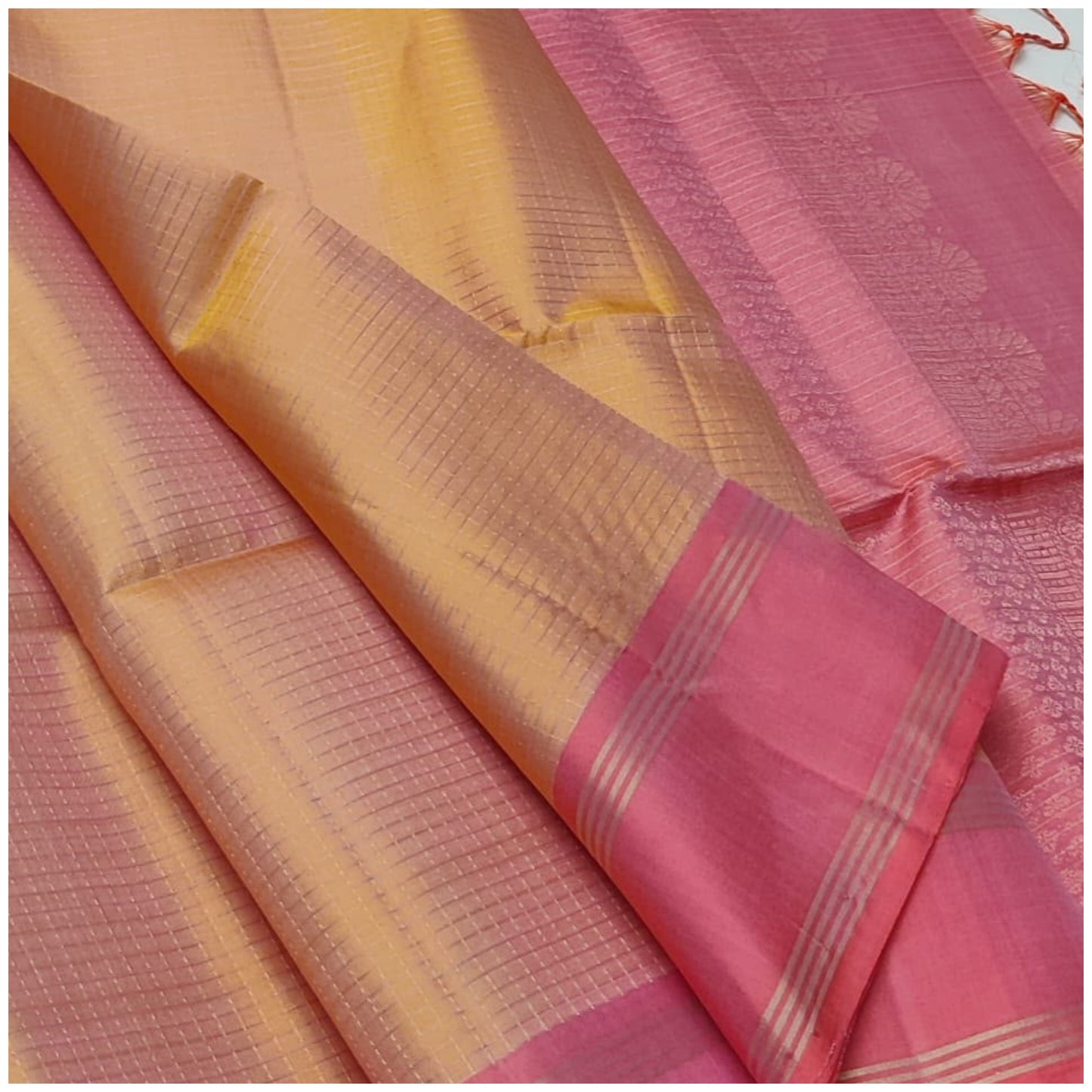 Sumitra Melon Yellow Blush Pink Pure Handloom Double Warp Soft Silk Saree