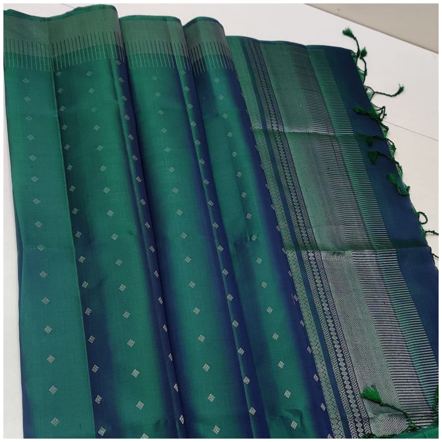 Navya Sea Blue Green Pure Handloom Double Warp Soft Silk Saree