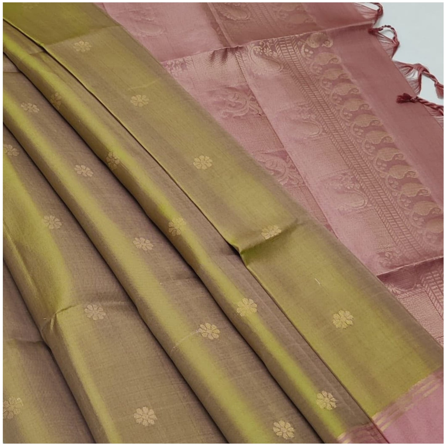 Mannat Khaki Green Rusty Pink Pure Handloom Double Warp Soft Silk Saree