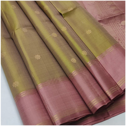 Mannat Khaki Green Rusty Pink Pure Handloom Double Warp Soft Silk Saree