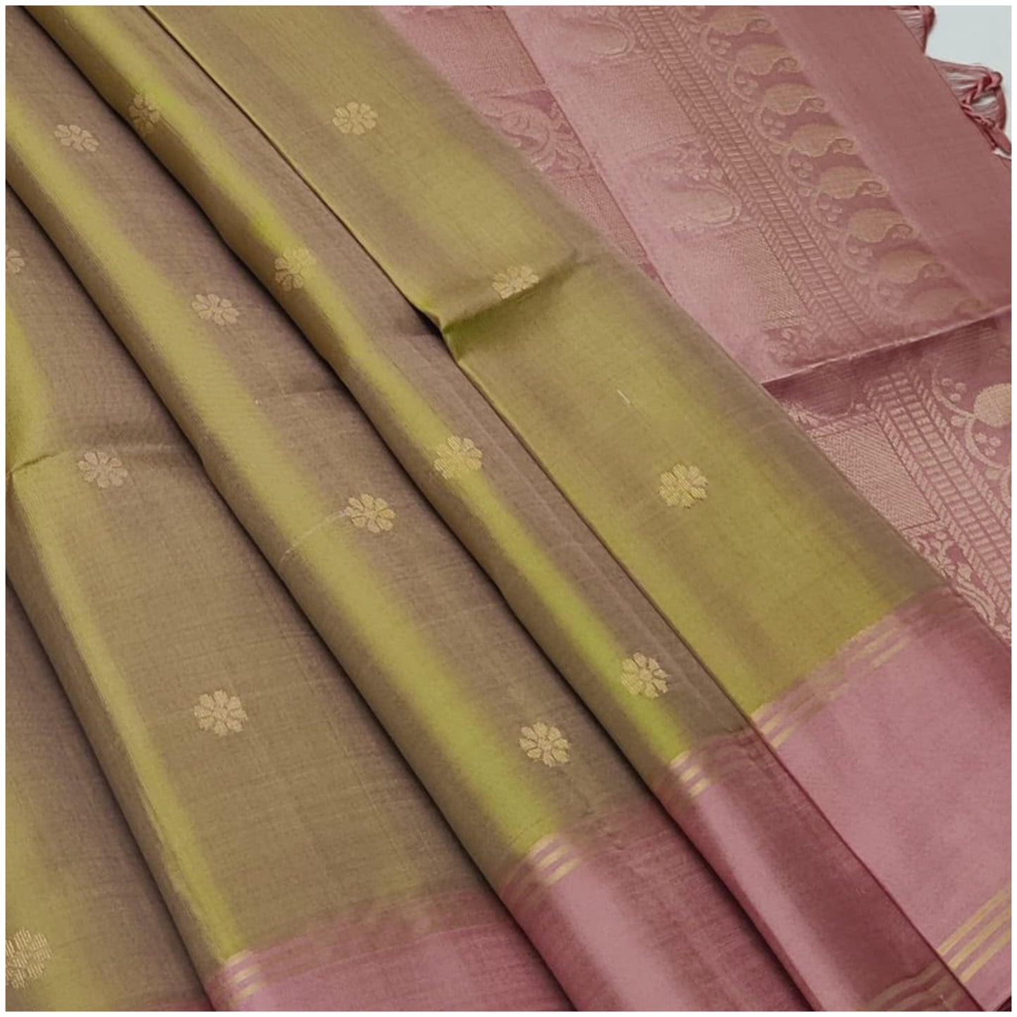 Mannat Khaki Green Rusty Pink Pure Handloom Double Warp Soft Silk Saree