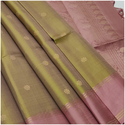 Mannat Khaki Green Rusty Pink Pure Handloom Double Warp Soft Silk Saree