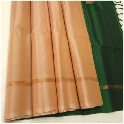 Saanjh Beige Green Pure Handloom Double Warp Soft Silk Saree