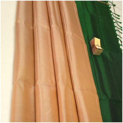 Saanjh Beige Green Pure Handloom Double Warp Soft Silk Saree