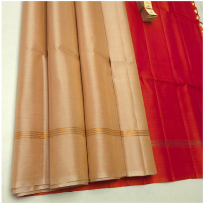 Niveda Beige Monza Red Pure Handloom Double Warp Soft Silk Saree